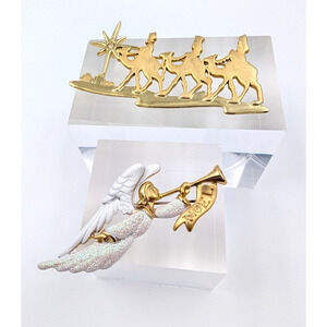 2 Vintage AJC Brooch Angel Three‎ Wise Men Gold Tone Glitter Enamel Christmas